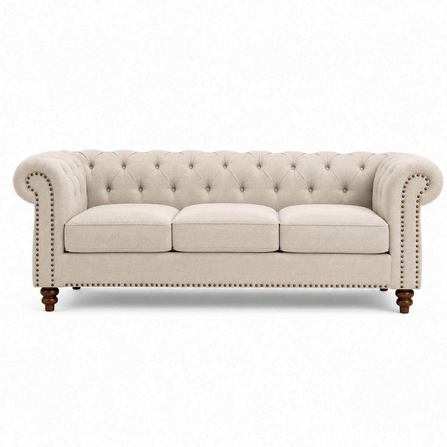 Beige Fabric Chesterfield Sofa with Polyester Upholstery and Wooden Legs 220cm