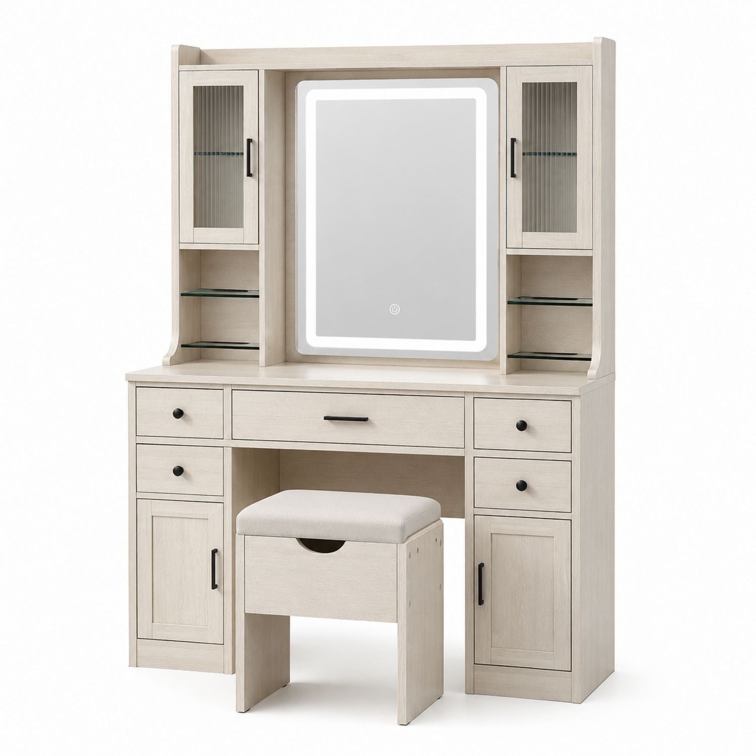 Wood Vanity Set with LED Mirror and Stool Light Beige 120cm