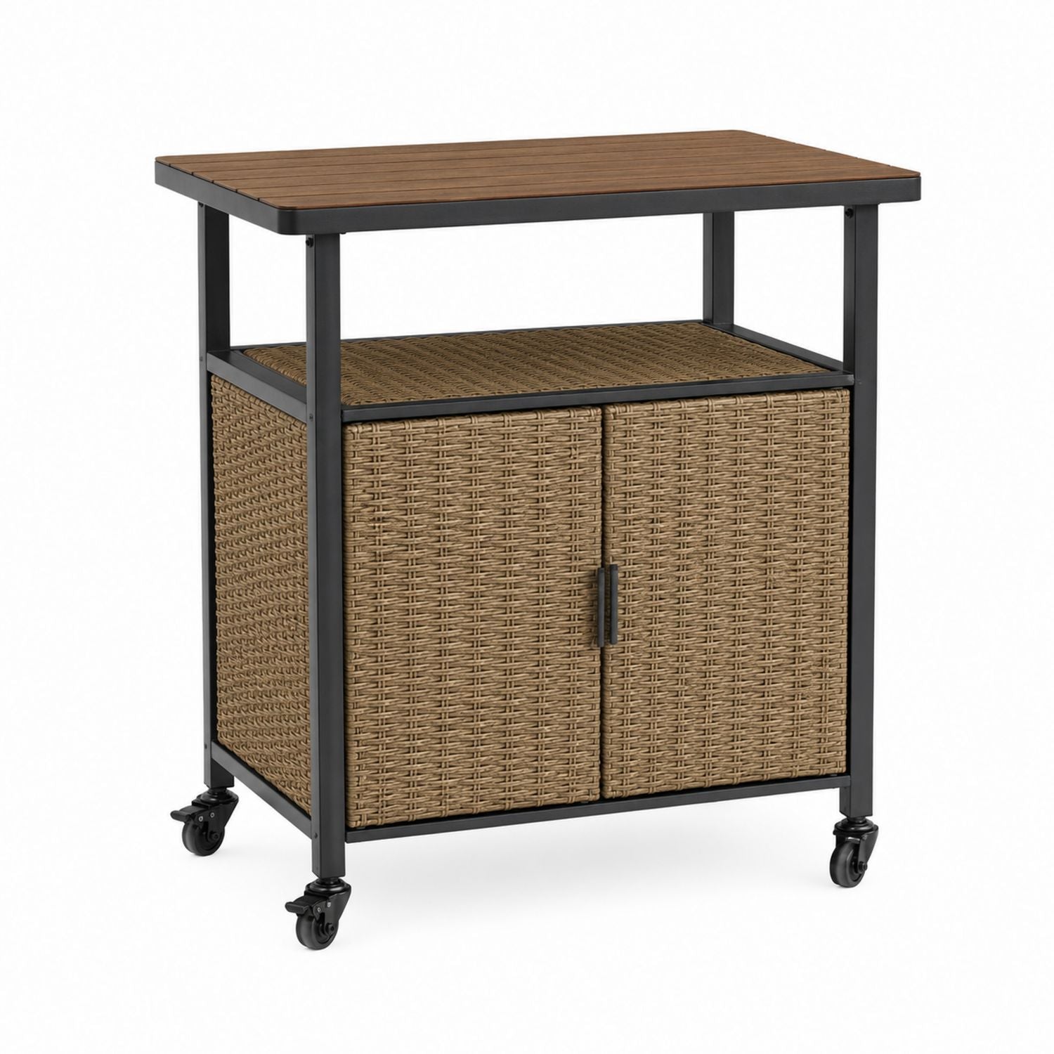 Outdoor Wicker Bar Cart with Wood Top and Metal Frame in Brown and Black