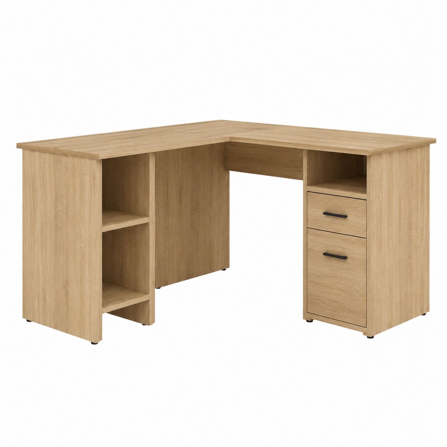 L-Shaped Desk with Drawers and Shelves in Natural Oak