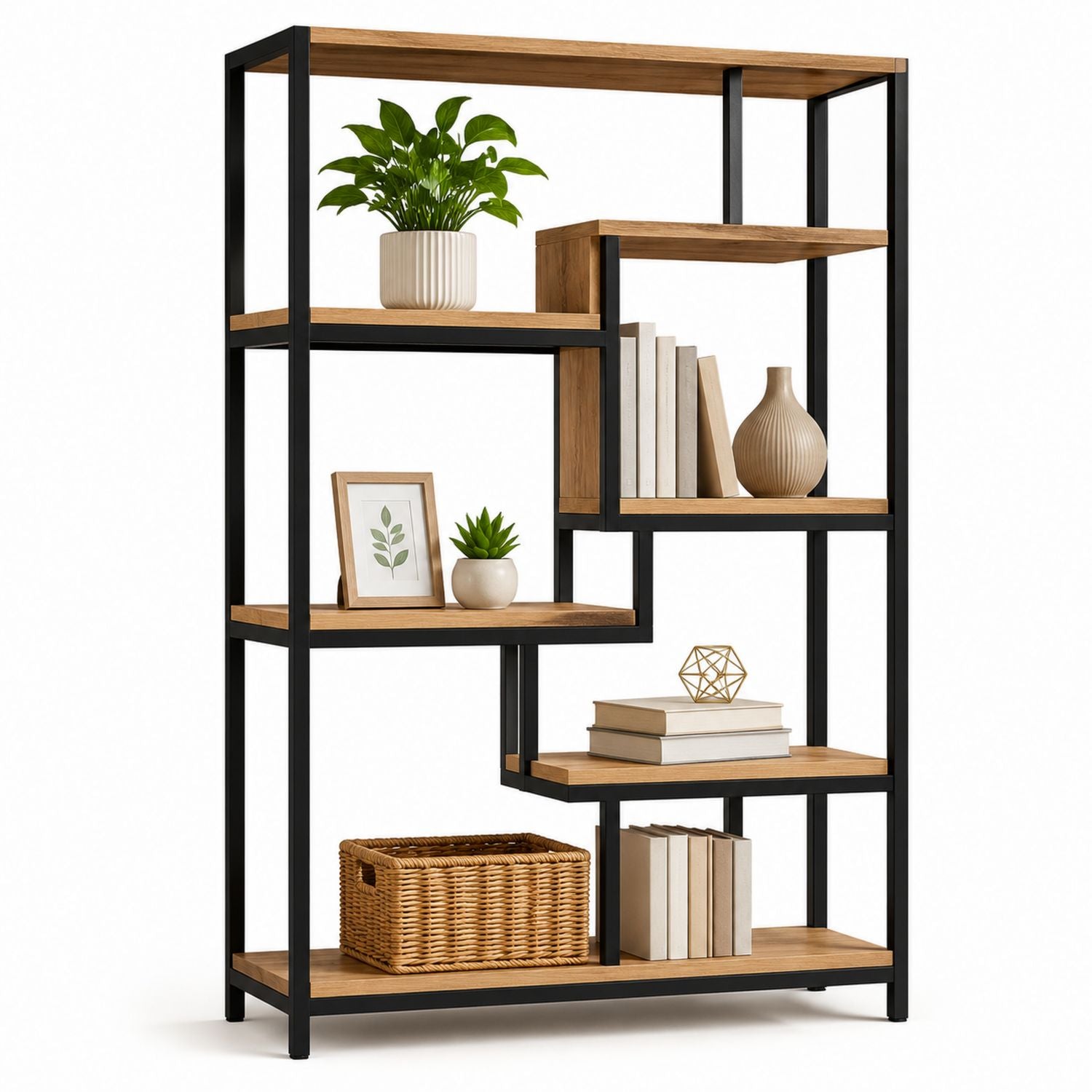5-Tier Bookshelf with Solid Oak Wood Shelves and Black Metal Frame 80cm Width
