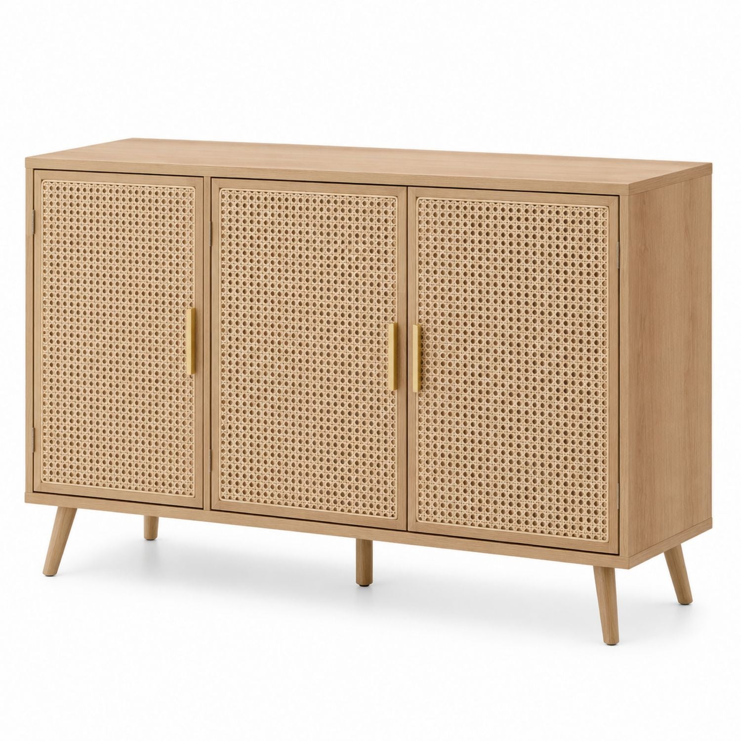 Wood Sideboard with Rattan 3-Door, Light Brown