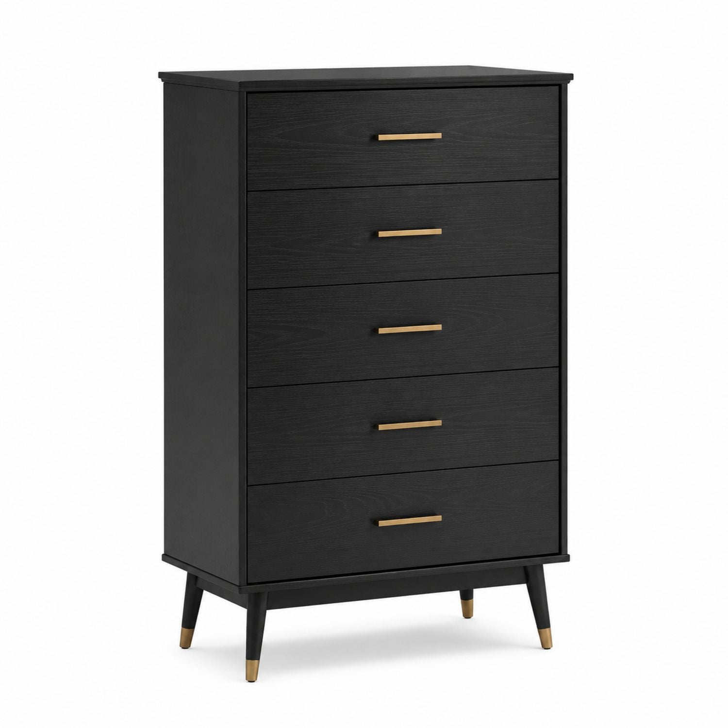 Black Wood 5-Drawer Dresser with Brass Handles