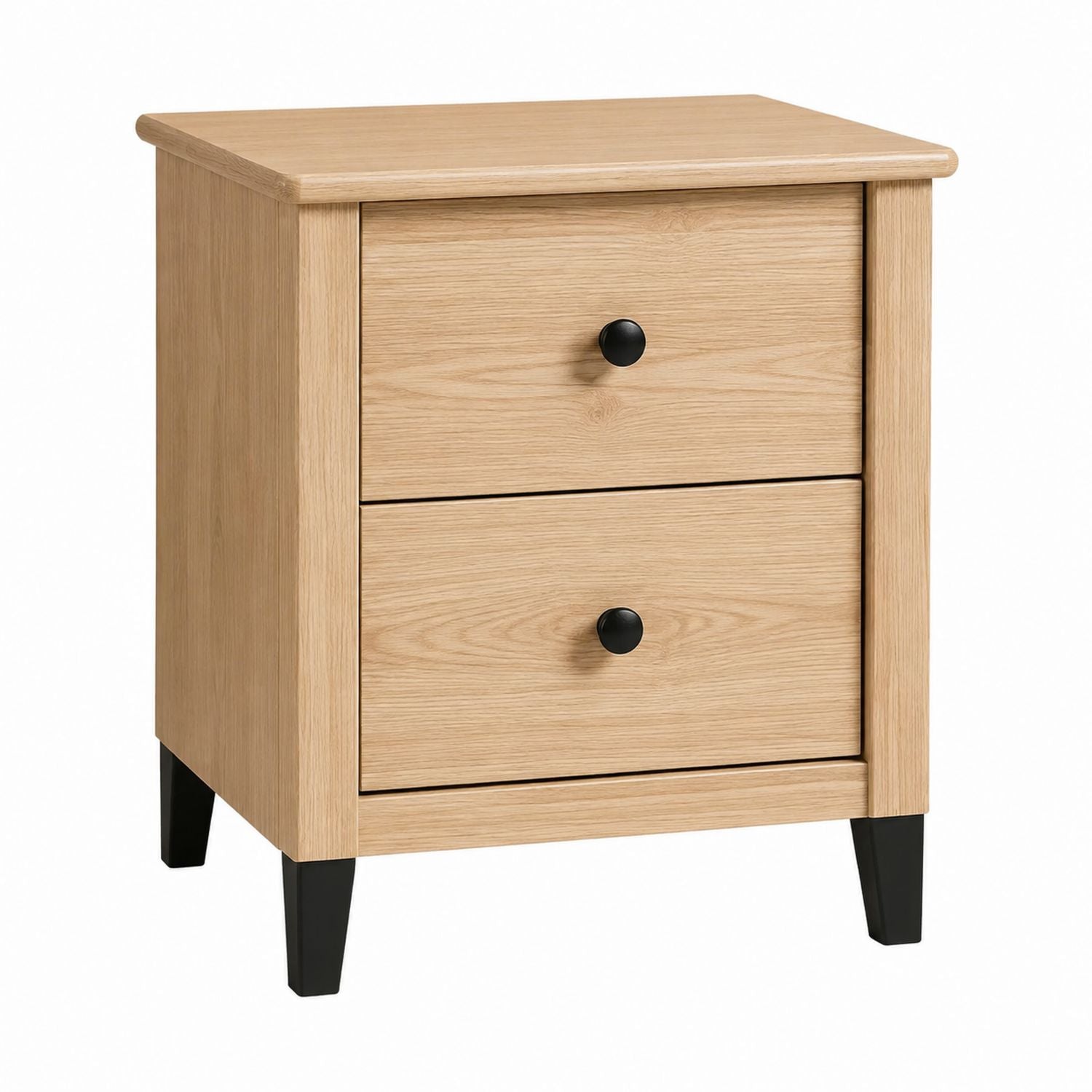 Two-Drawer Oak Wood Nightstand with Metal Handles
