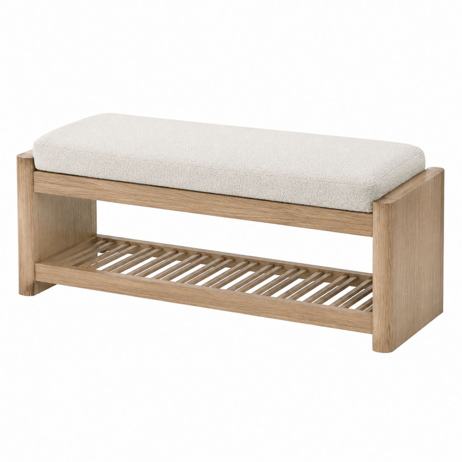 Oak Wood Bench with Polyester Cushion and Storage Shelf