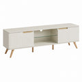 Wood TV Stand with Glass Shelf 180 cm, White and Natural Wood