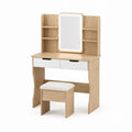 Oak Wood Vanity Set with Lighted Mirror and Stool