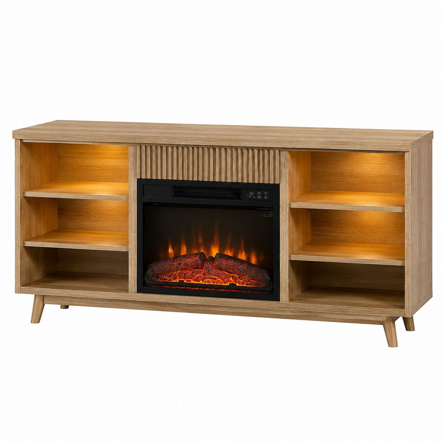 Oak Wood TV Stand with Electric Fireplace and Shelving