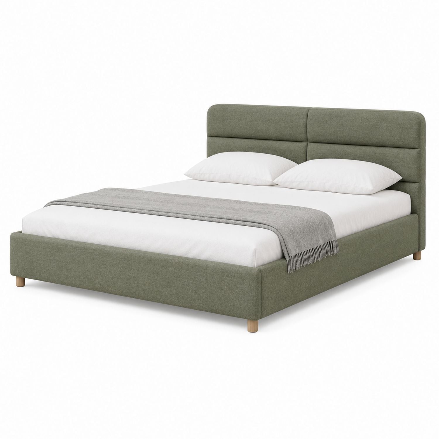 Green Fabric Upholstered Platform Bed with Wooden Legs, 210x160 cm