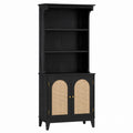 Black Wood Bookcase with Cane Doors and Adjustable Shelves