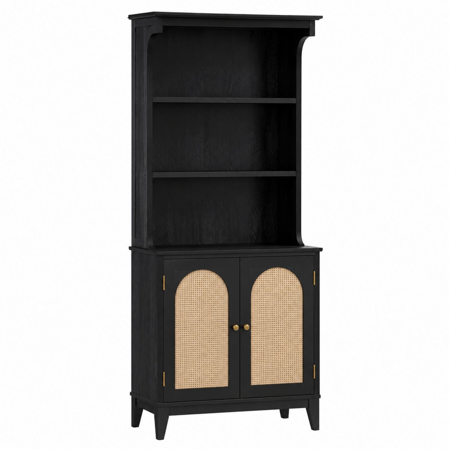 Black Wood Bookcase with Cane Doors and Adjustable Shelves