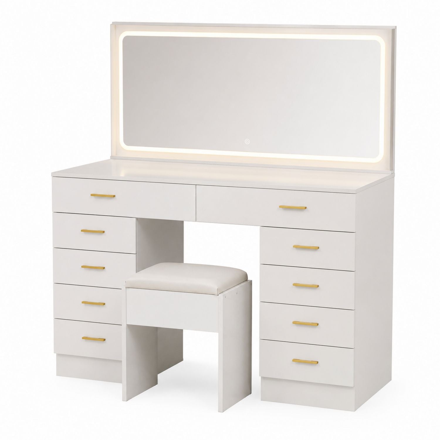 White MDF Vanity Set with LED Mirror and Stool
