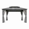 Outdoor Aluminum and Steel Gazebo with Double Roof and Polyester Curtains 10x12 ft Black