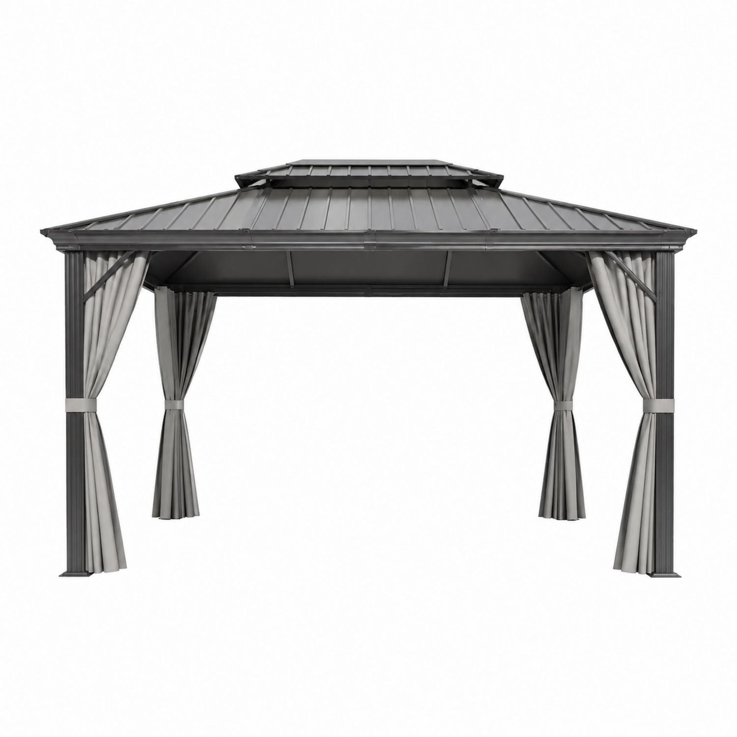Outdoor Aluminum and Steel Gazebo with Double Roof and Polyester Curtains 10x12 ft Black
