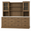 Wood Storage Cabinet with Tempered Glass Doors and Drawers