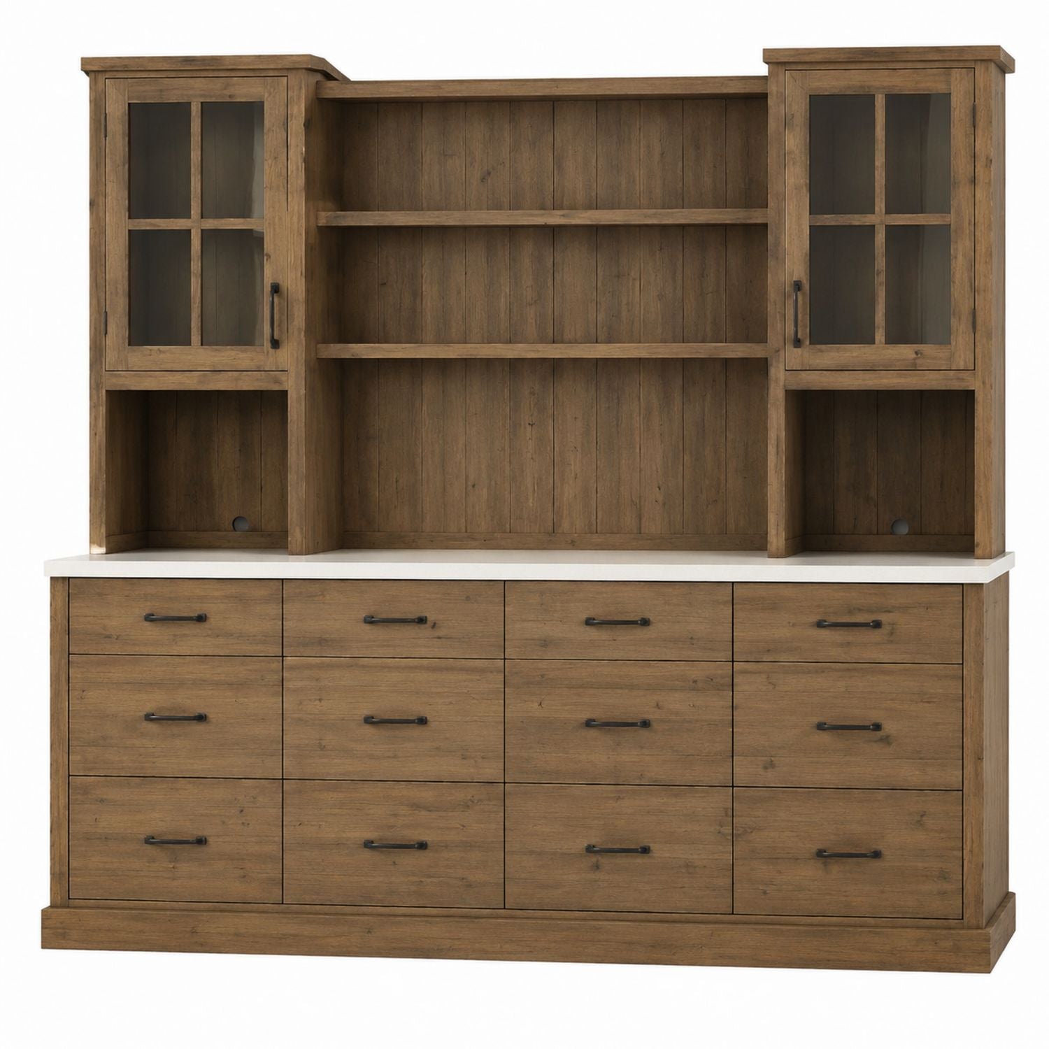 Wood Storage Cabinet with Tempered Glass Doors and Drawers