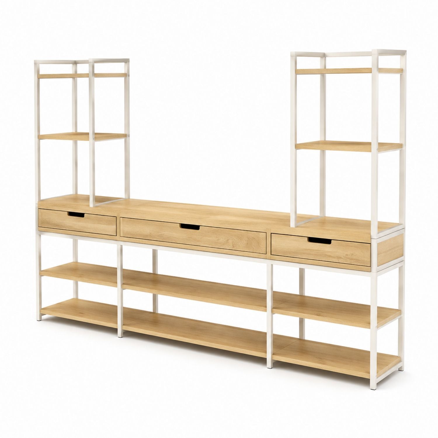 Natural Wood and Metal TV Stand with Shelves and Drawers