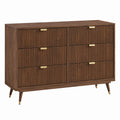 Walnut Wood Dresser with Six Metal Handle Drawers
