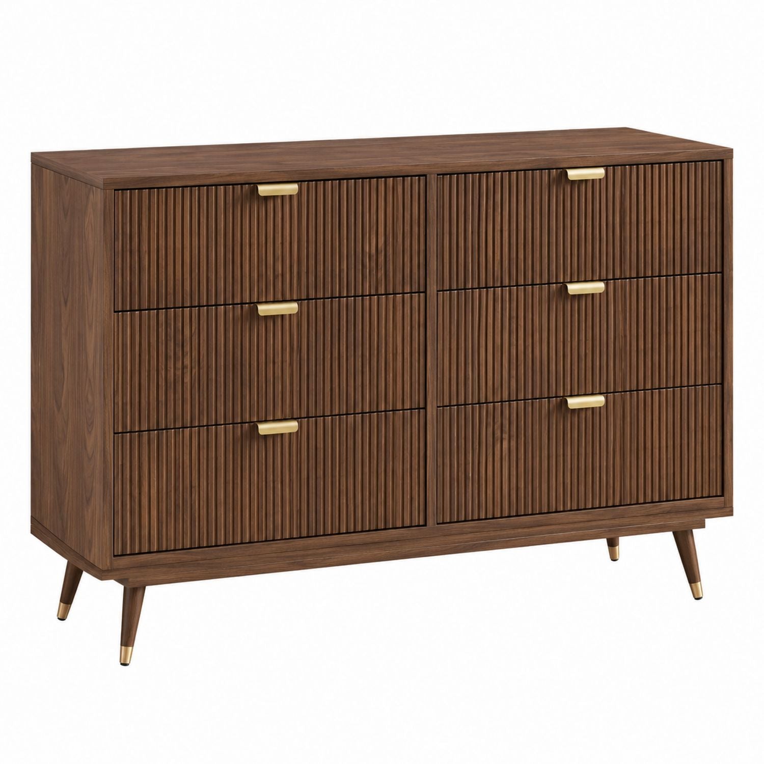 Walnut Wood Dresser with Six Metal Handle Drawers