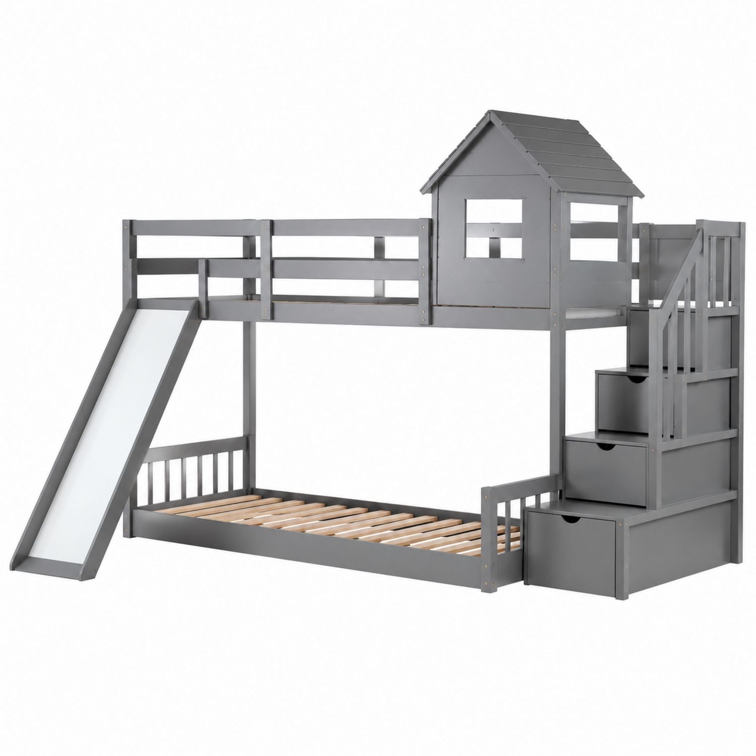 Wooden Bunk Bed with Slide and Stairs for Kids