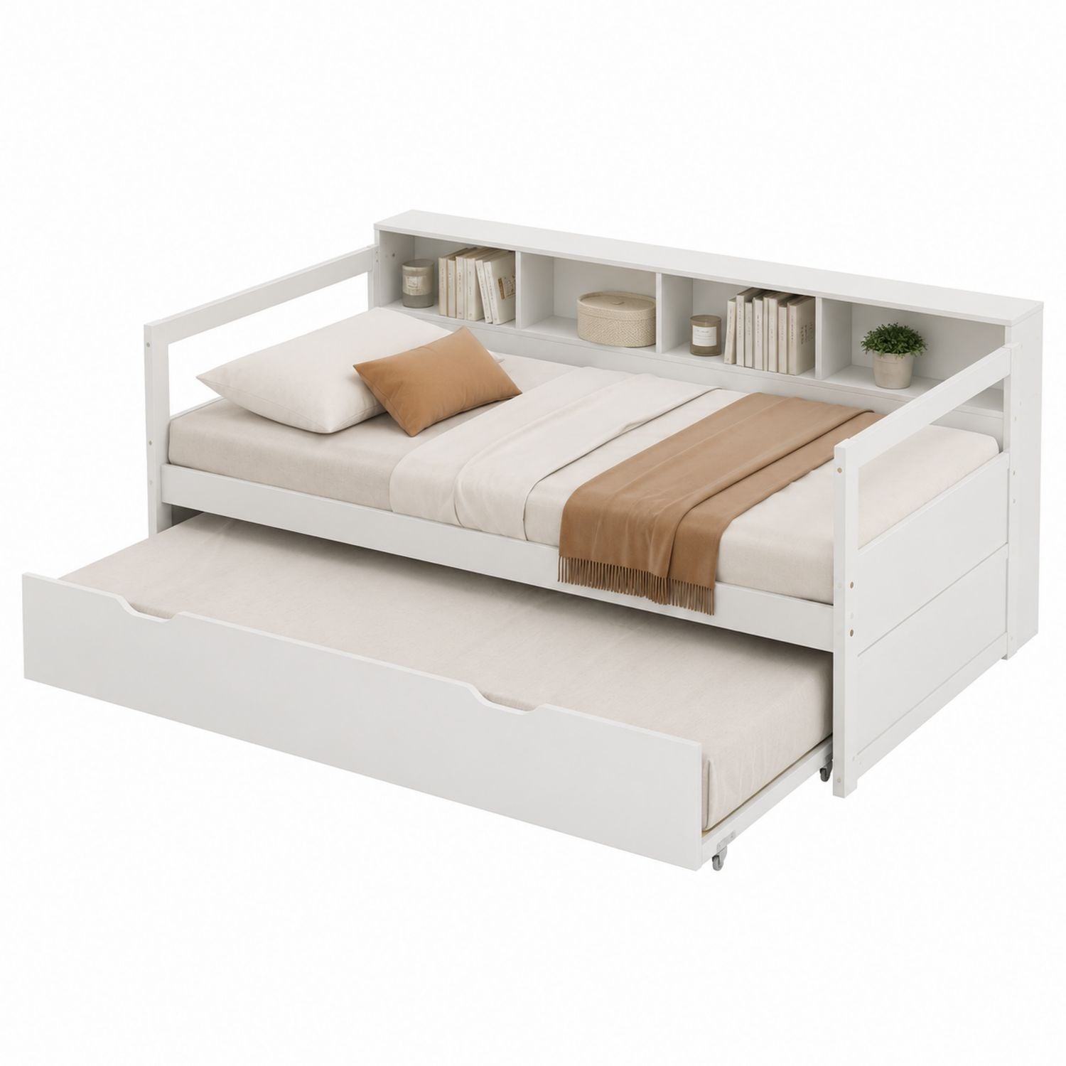 White Wooden Daybed with Trundle and Storage Shelves