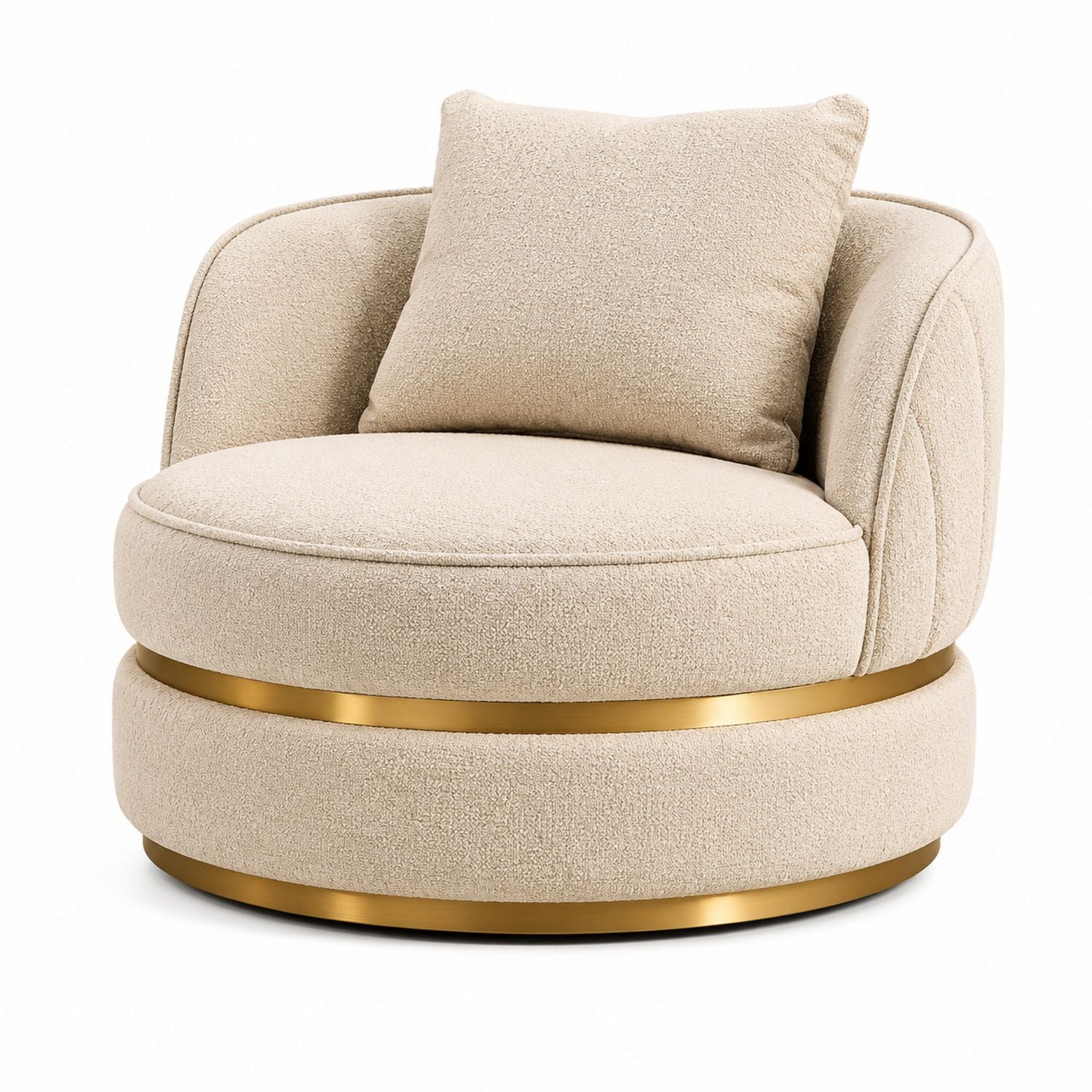 Round Swivel Chair Boucle Fabric Beige with Cushion and Metal Base
