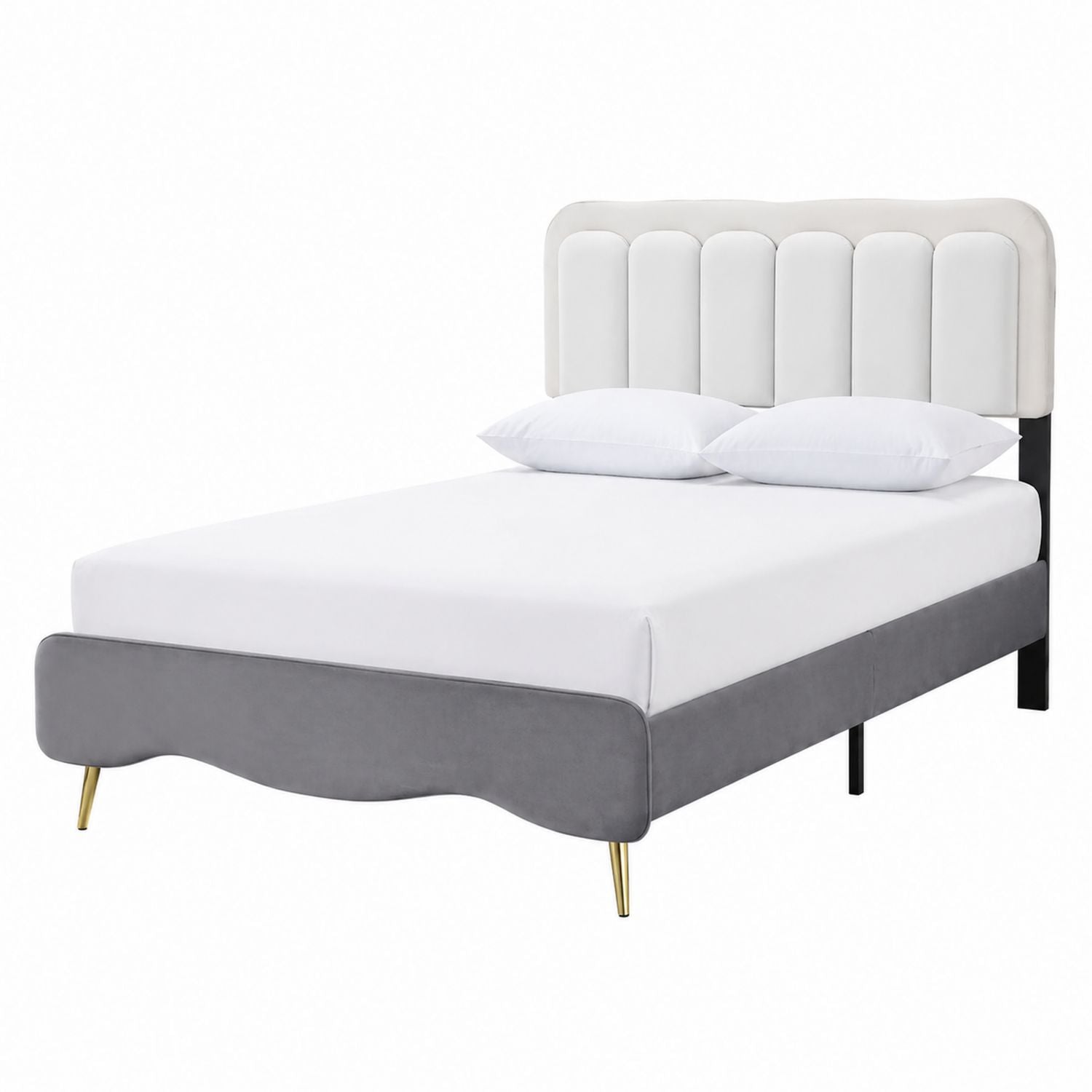Faux Leather Headboard Bed with Velvet Frame White/Gray
