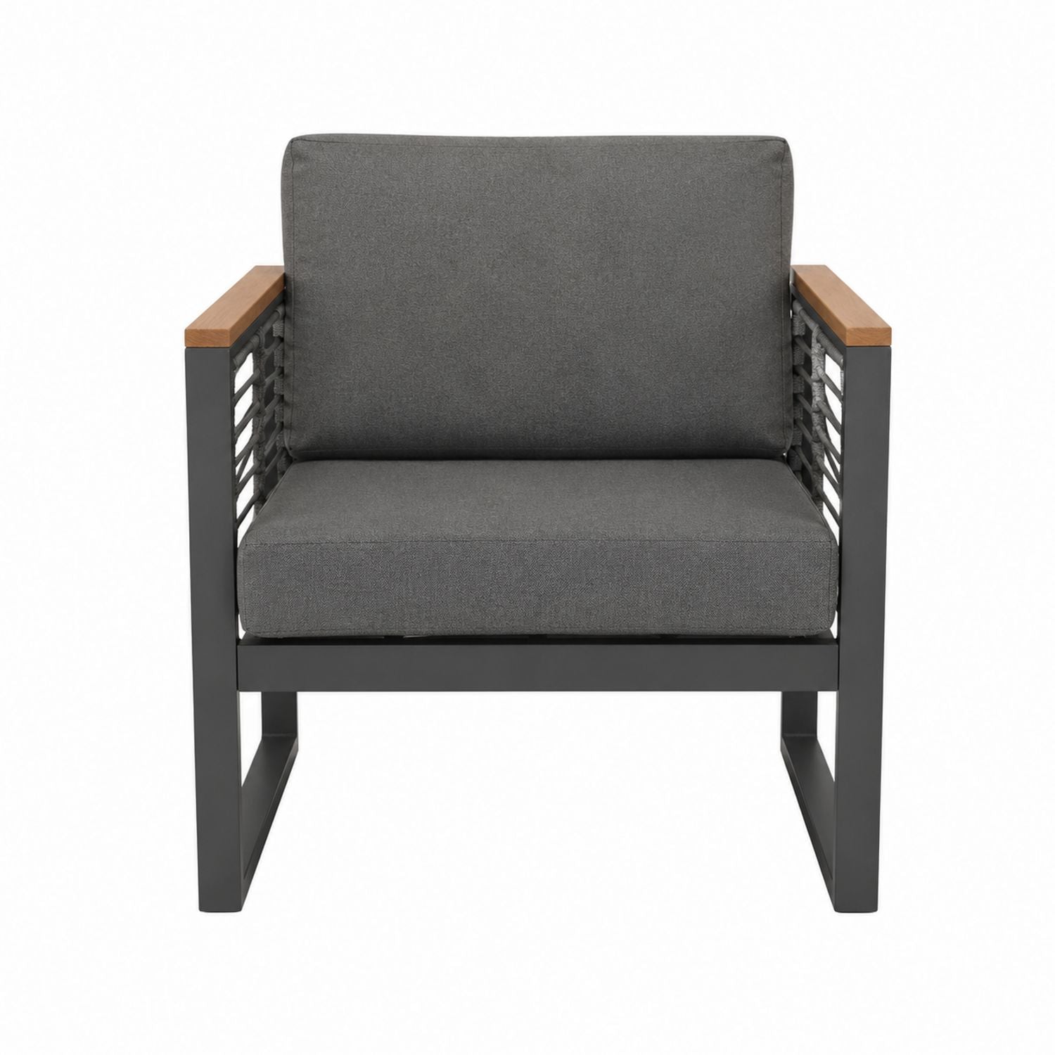 Outdoor Armchair Aluminum Frame with Grey Cushions and Wooden Accents