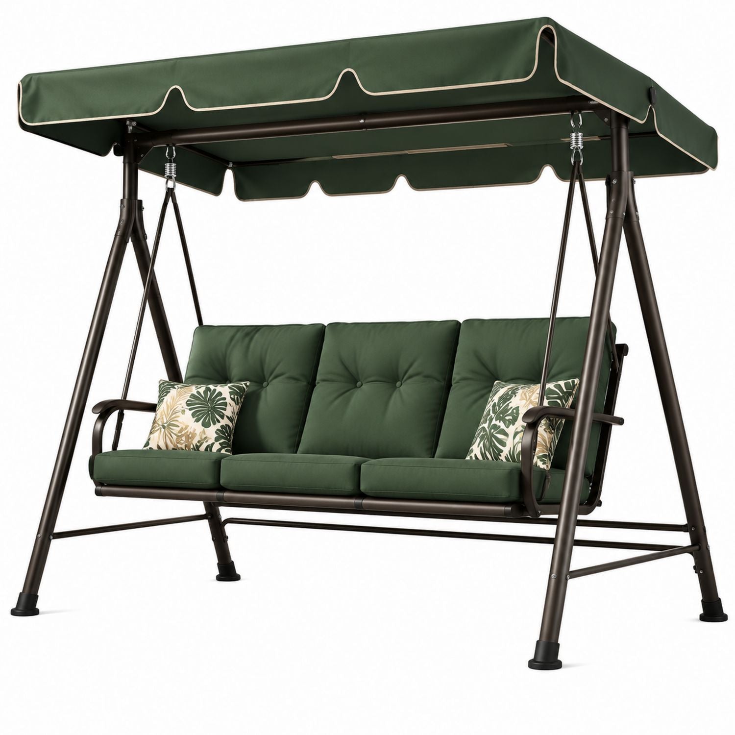 Outdoor Steel Swing Chair with Green Polyester Cushions and Canopy