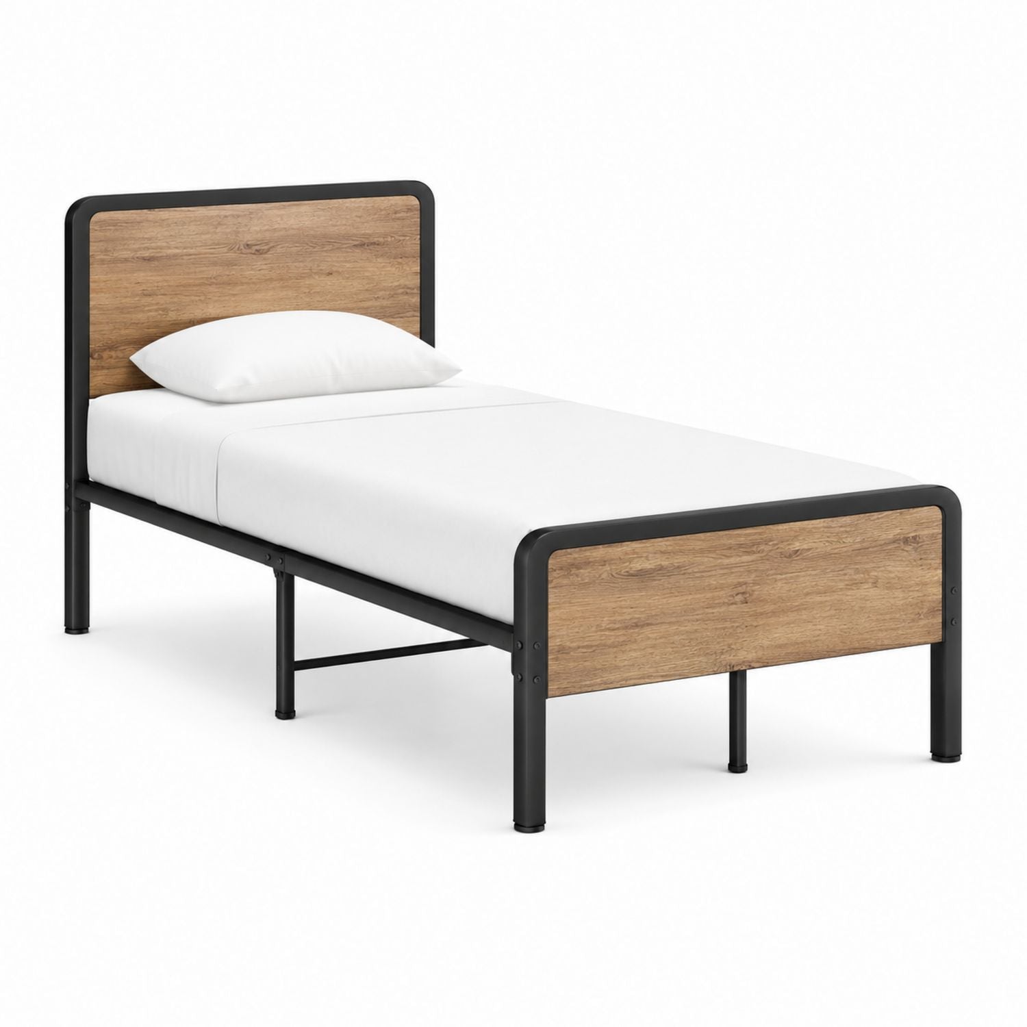 Metal and Wood Single Bed Frame with Black Finish