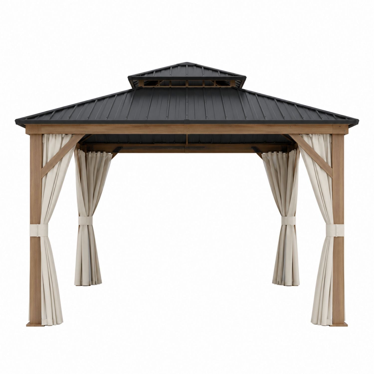 Metal and Wood Gazebo with Polyester Curtains Beige/Black 300cm x 300cm