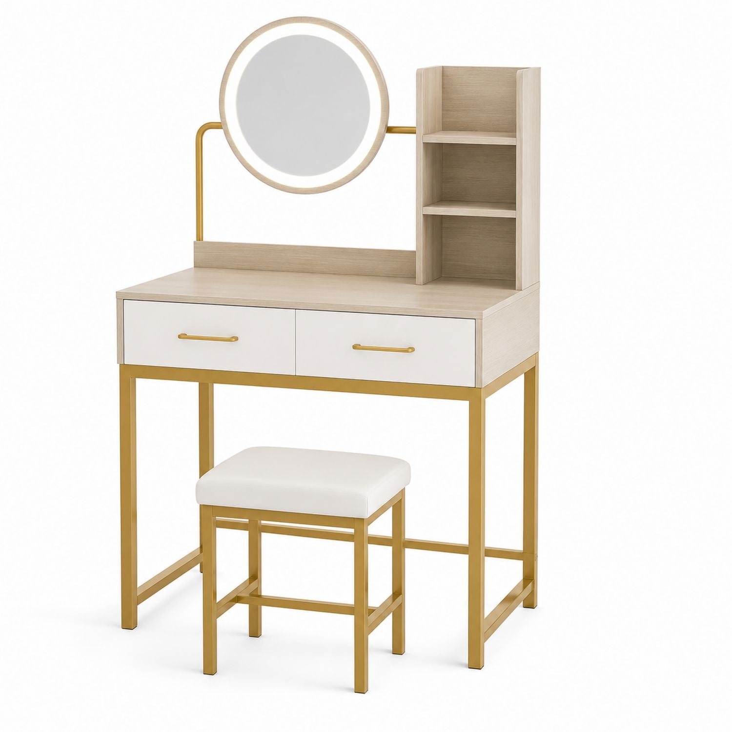 Vanity Set with Lighted Mirror and Stool Wood Finish with Gold Metal Frame