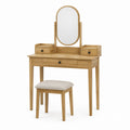 Wood Vanity Set with Oval Mirror and Beige Fabric Stool