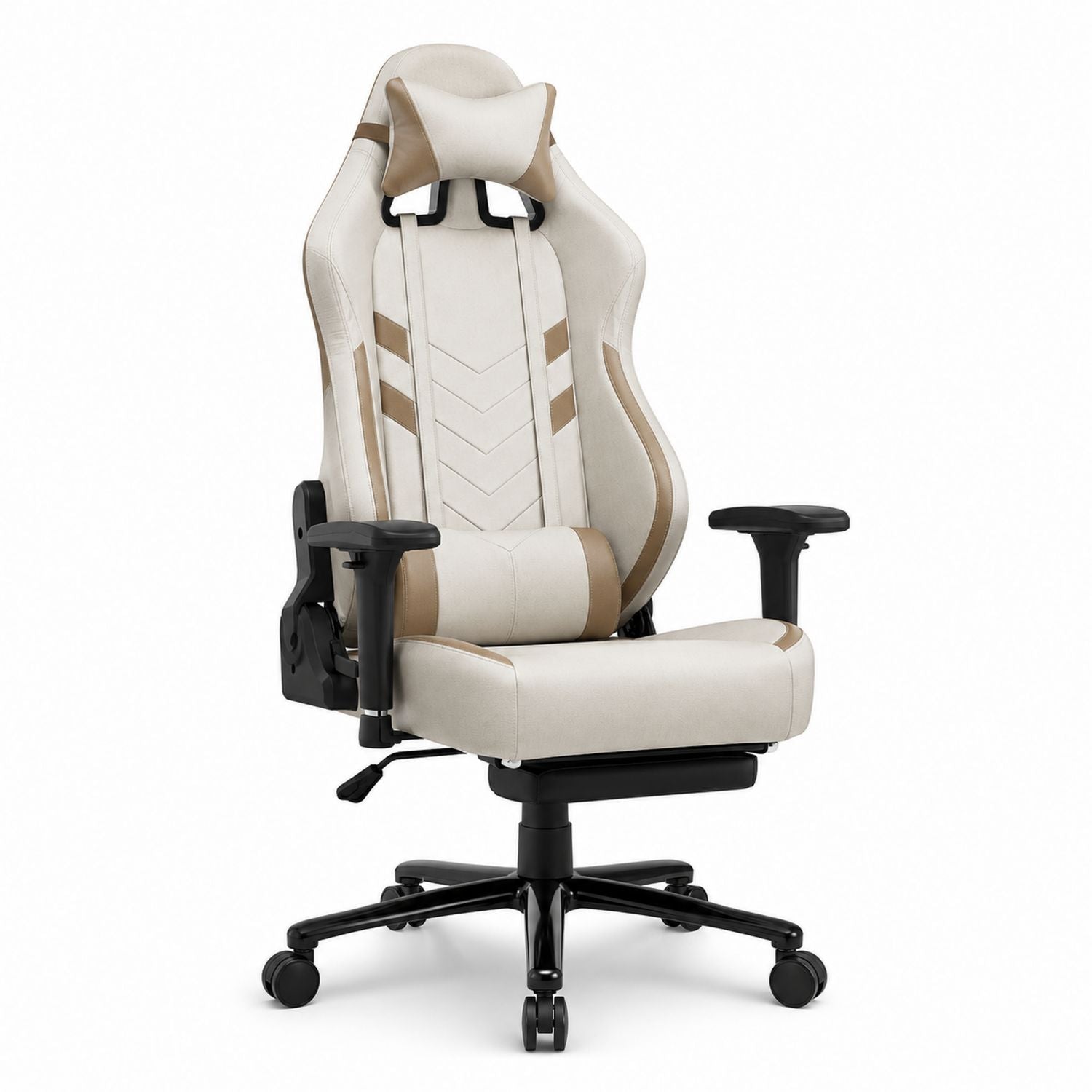 Ergonomic Gaming Office Chair Faux Leather Beige Brown with Adjustable Armrests and Footrest