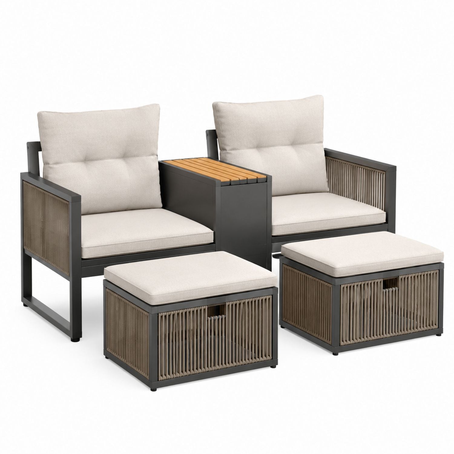 Outdoor Aluminum Rope Sectional Sofa Set with Teak Table and Beige Cushions