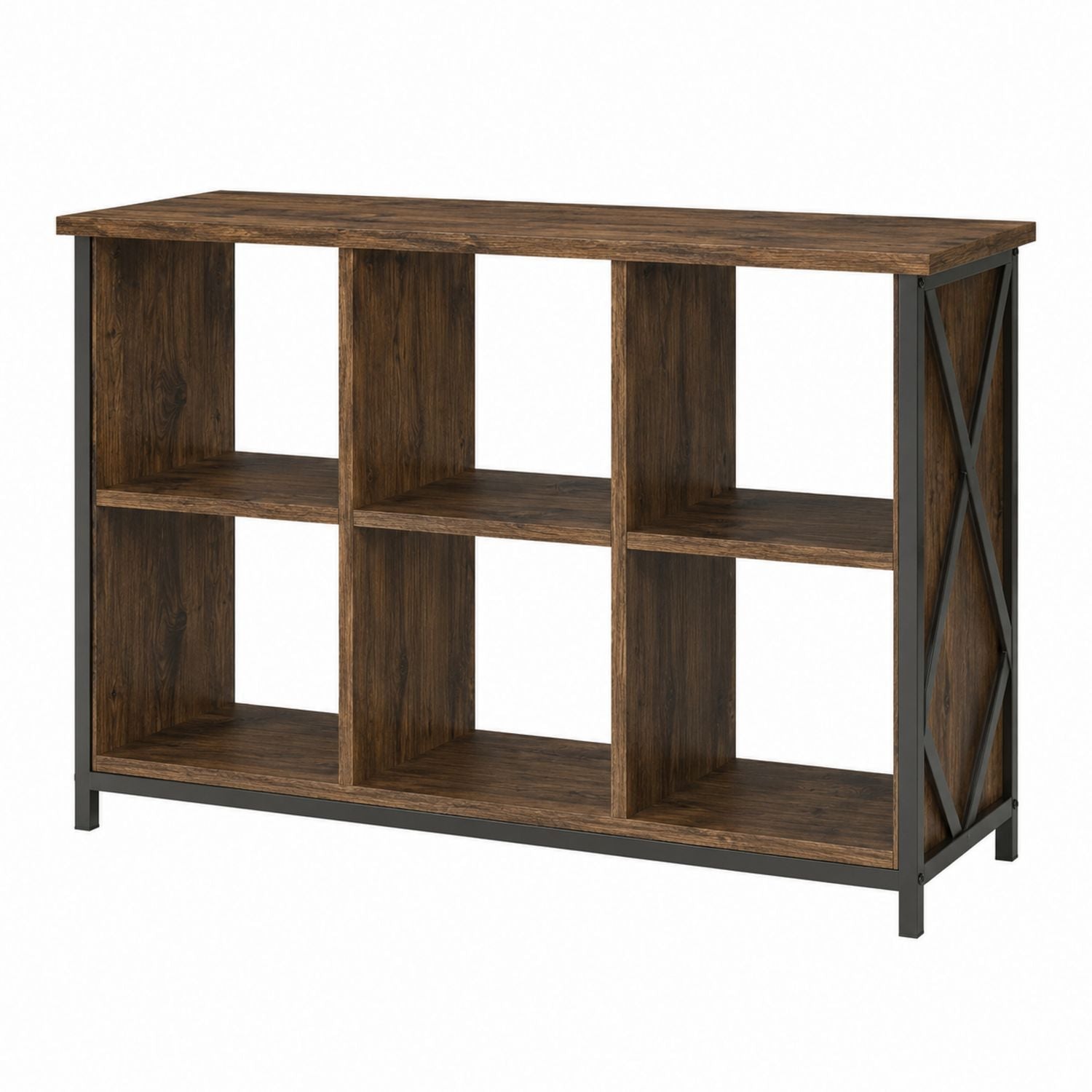 Wood 6-Cube Storage Bookcase with Metal Frame Brown