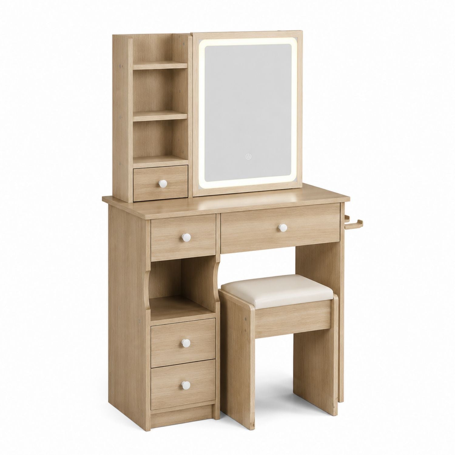 Wood Vanity Set with LED Mirror and Stool
