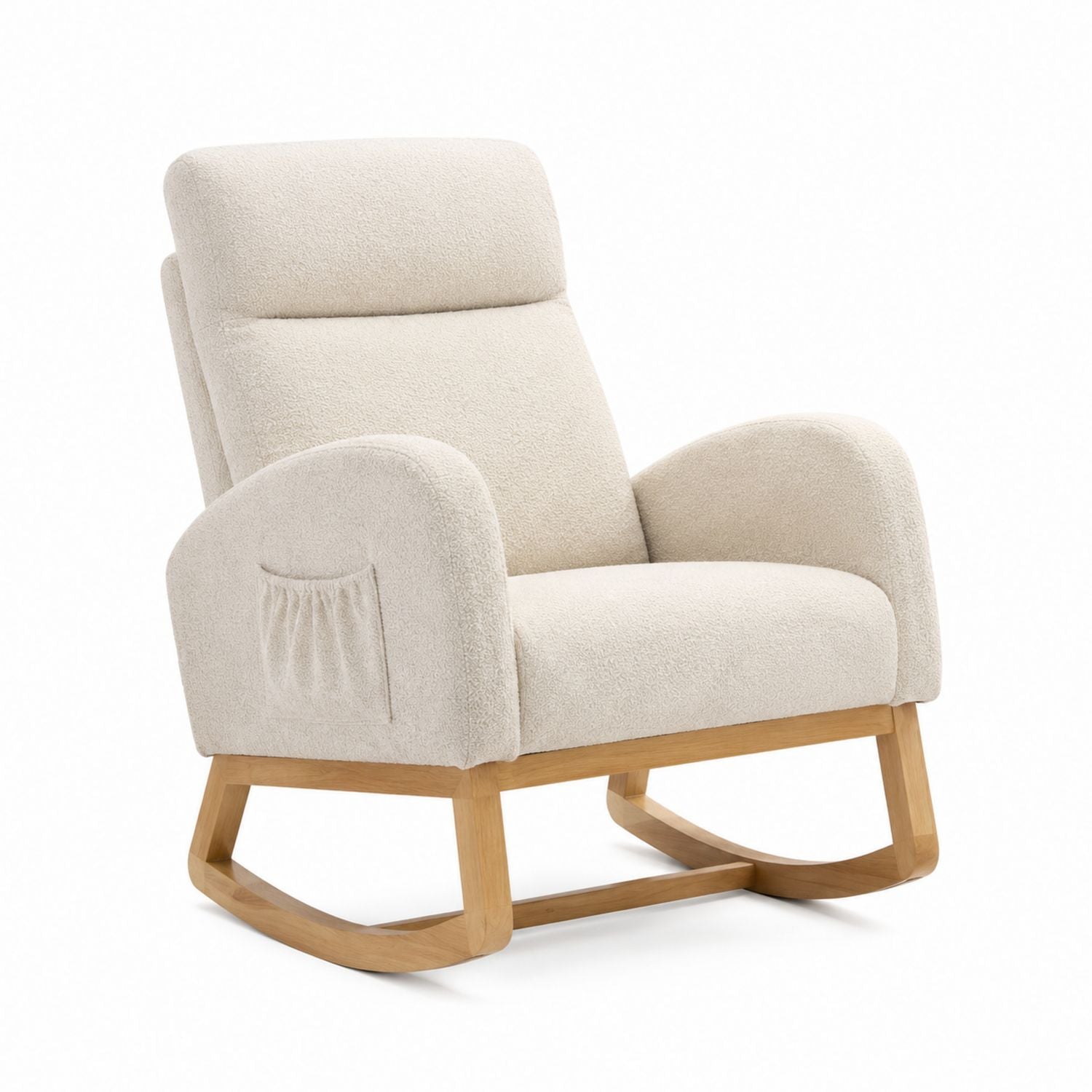 Beige Teddy Fabric Rocking Chair with Solid Wood Base