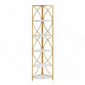 Corner Metal Frame Bookcase with White Shelves 5-Tier Gold