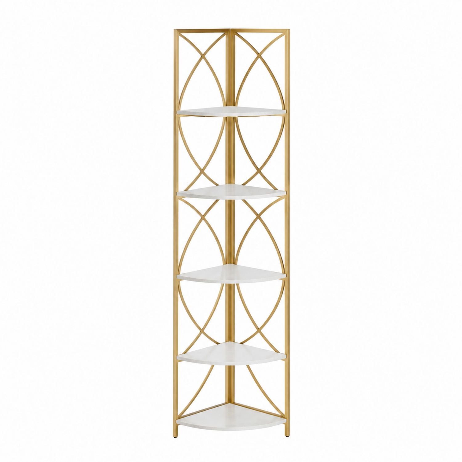 Corner Metal Frame Bookcase with White Shelves 5-Tier Gold