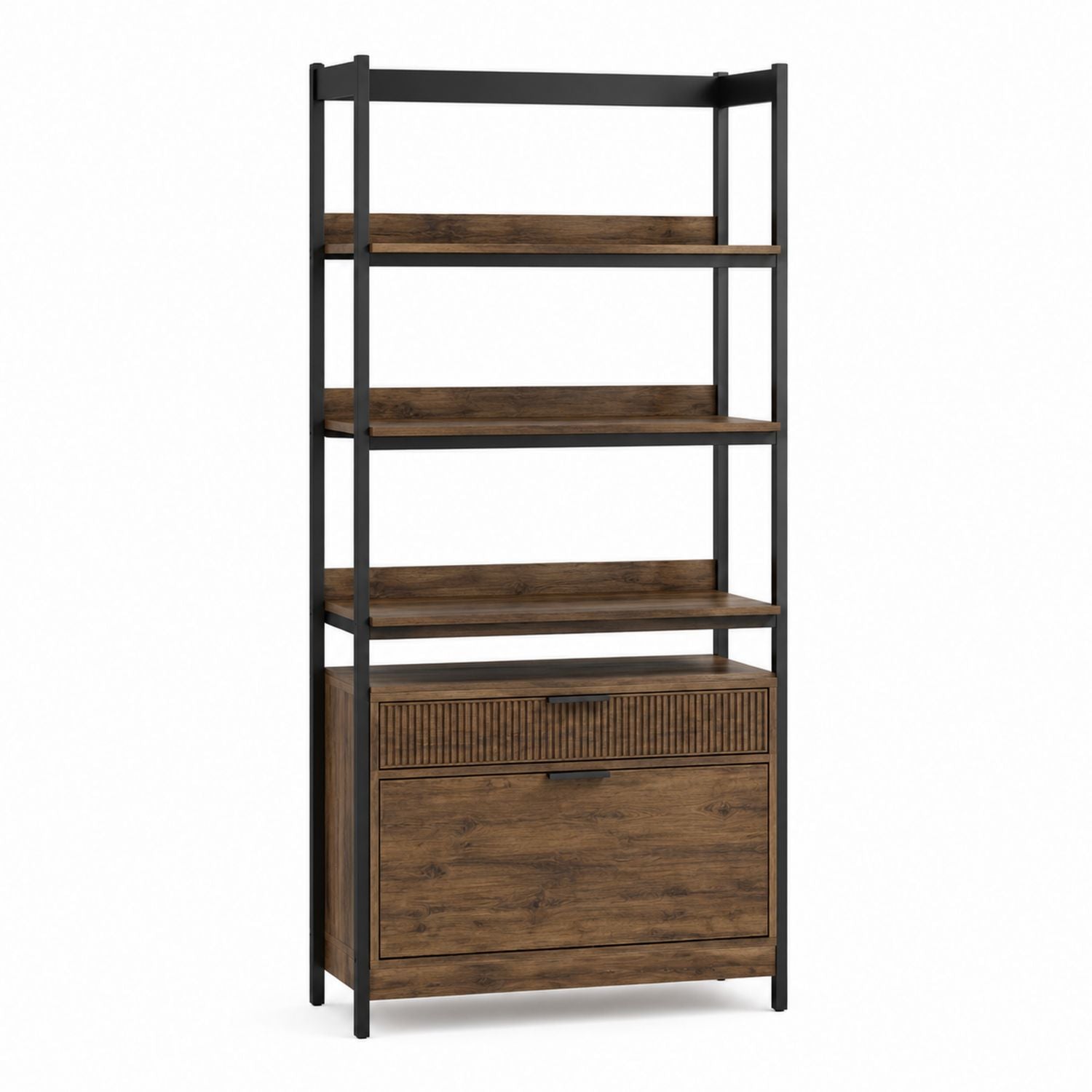 Wood Bookshelf with Metal Frame and Storage Cabinet 180cm High
