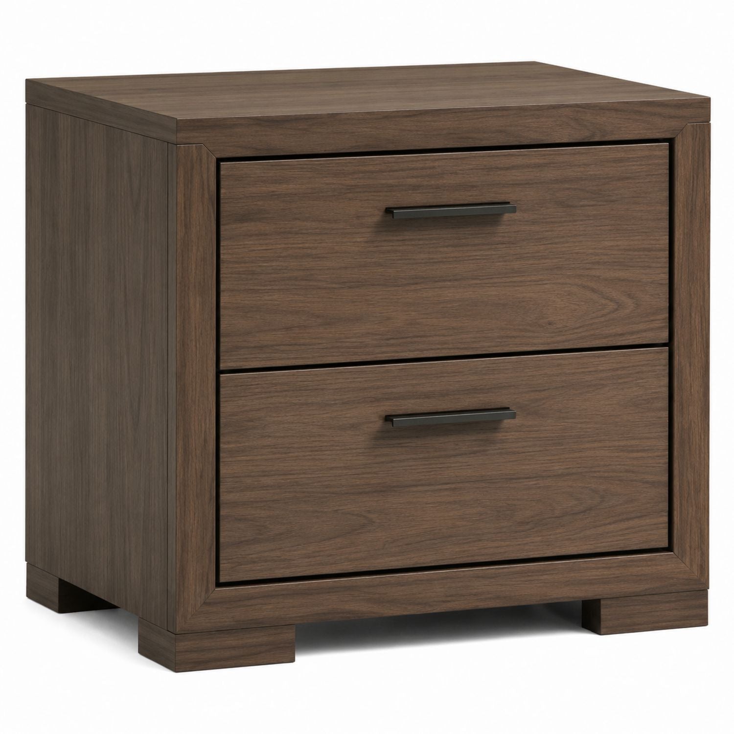 2-Drawer Walnut Wood Nightstand with Metal Handles