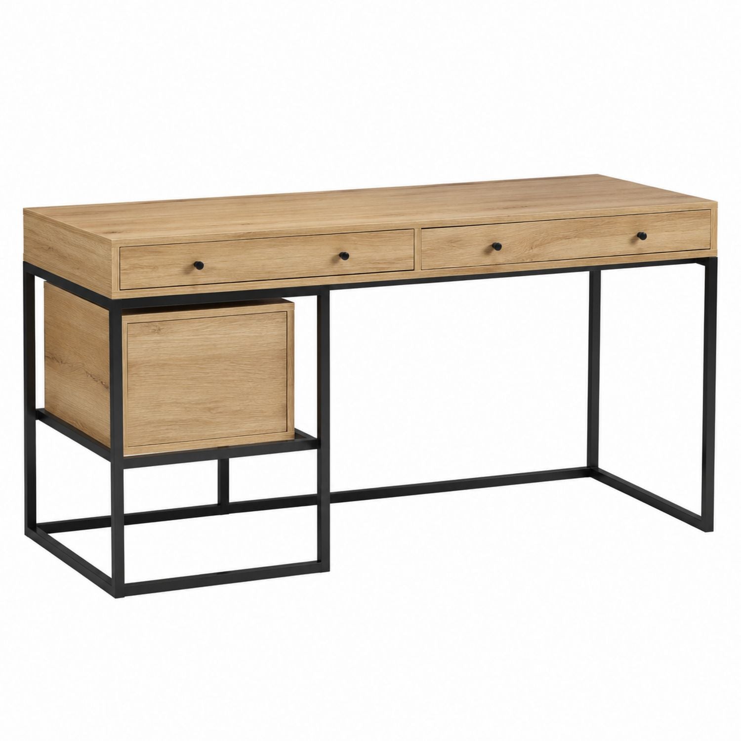 Wood Office Desk with Metal Frame and Storage Drawers