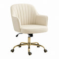 Beige PU Leather Office Chair with Gold-Plated Metal Base and Swivel Wheels