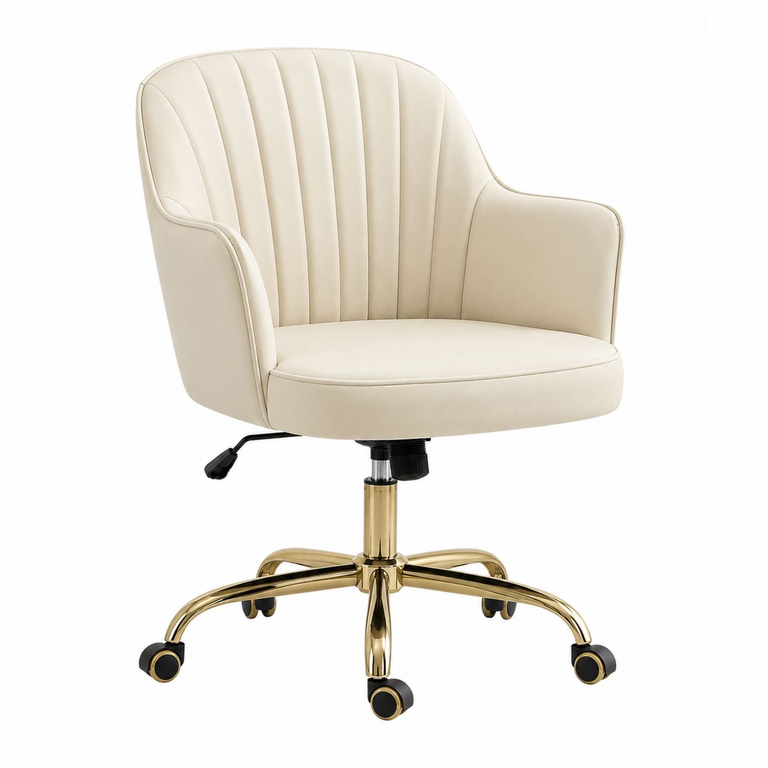 Beige PU Leather Office Chair with Gold-Plated Metal Base and Swivel Wheels
