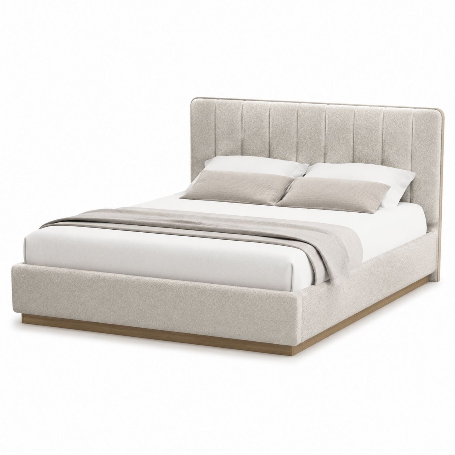 Queen Size Beige Upholstered Platform Bed with Wood Base