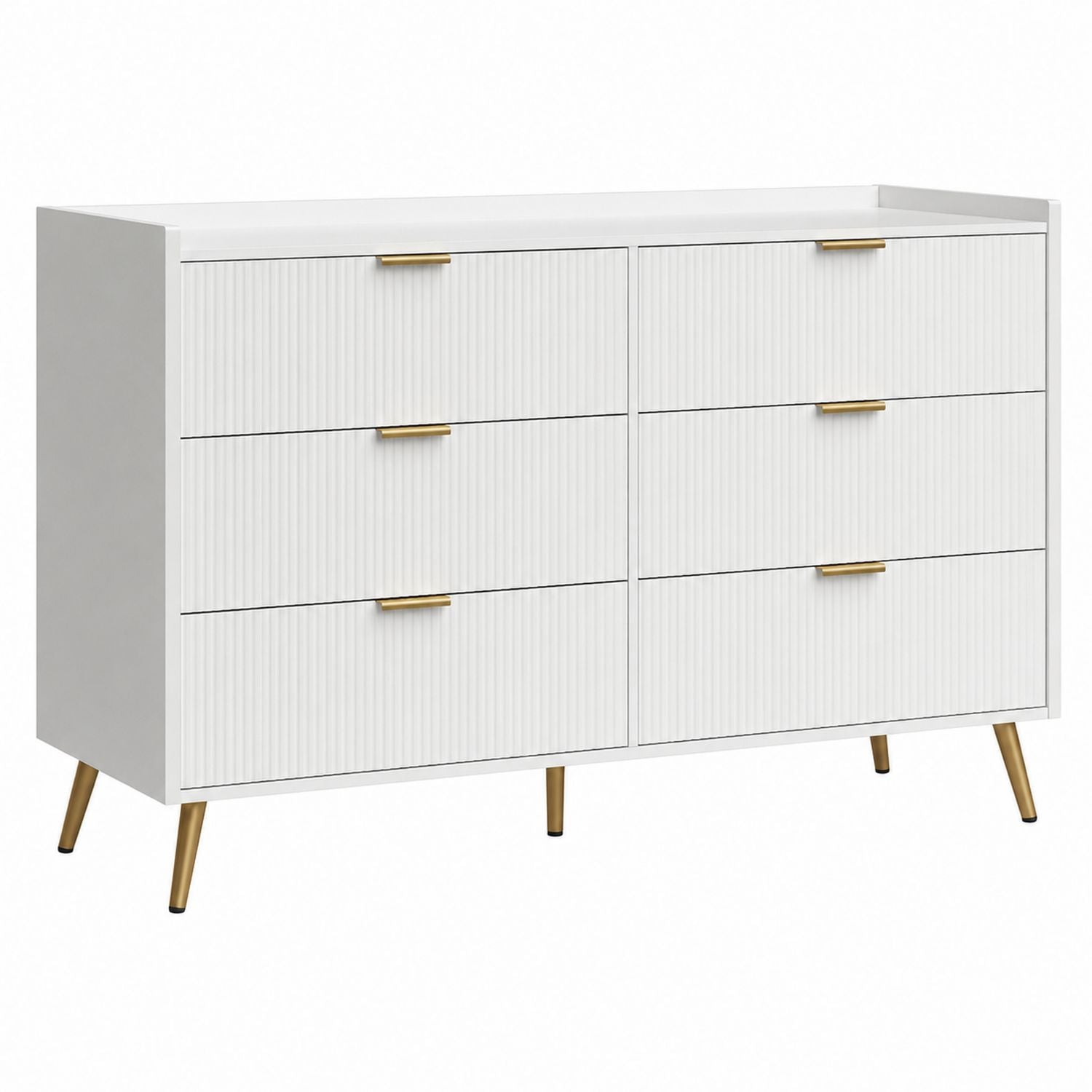 White MDF Dresser with Gold Metal Handles and Legs 6-Drawer