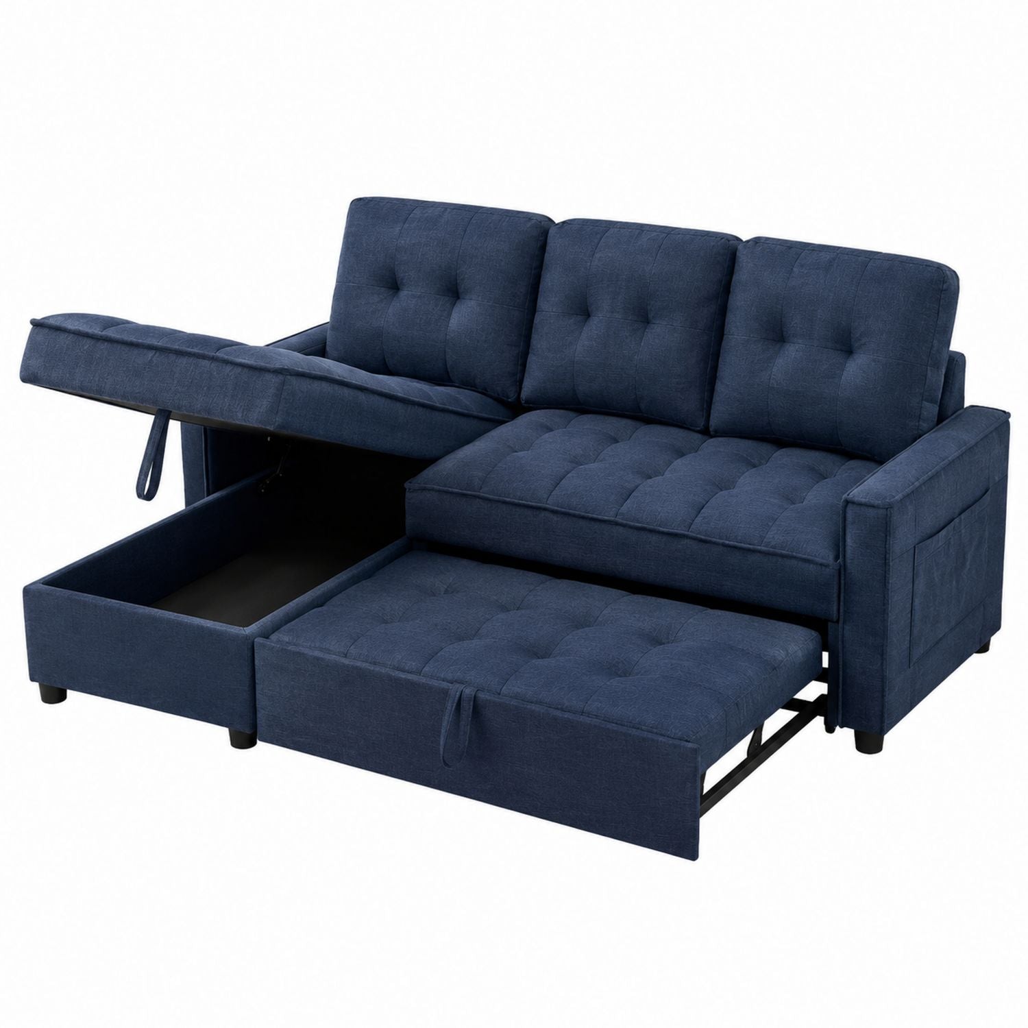 Convertible Fabric Sectional Sofa with Storage Chaise Blue 86x34x35 inches