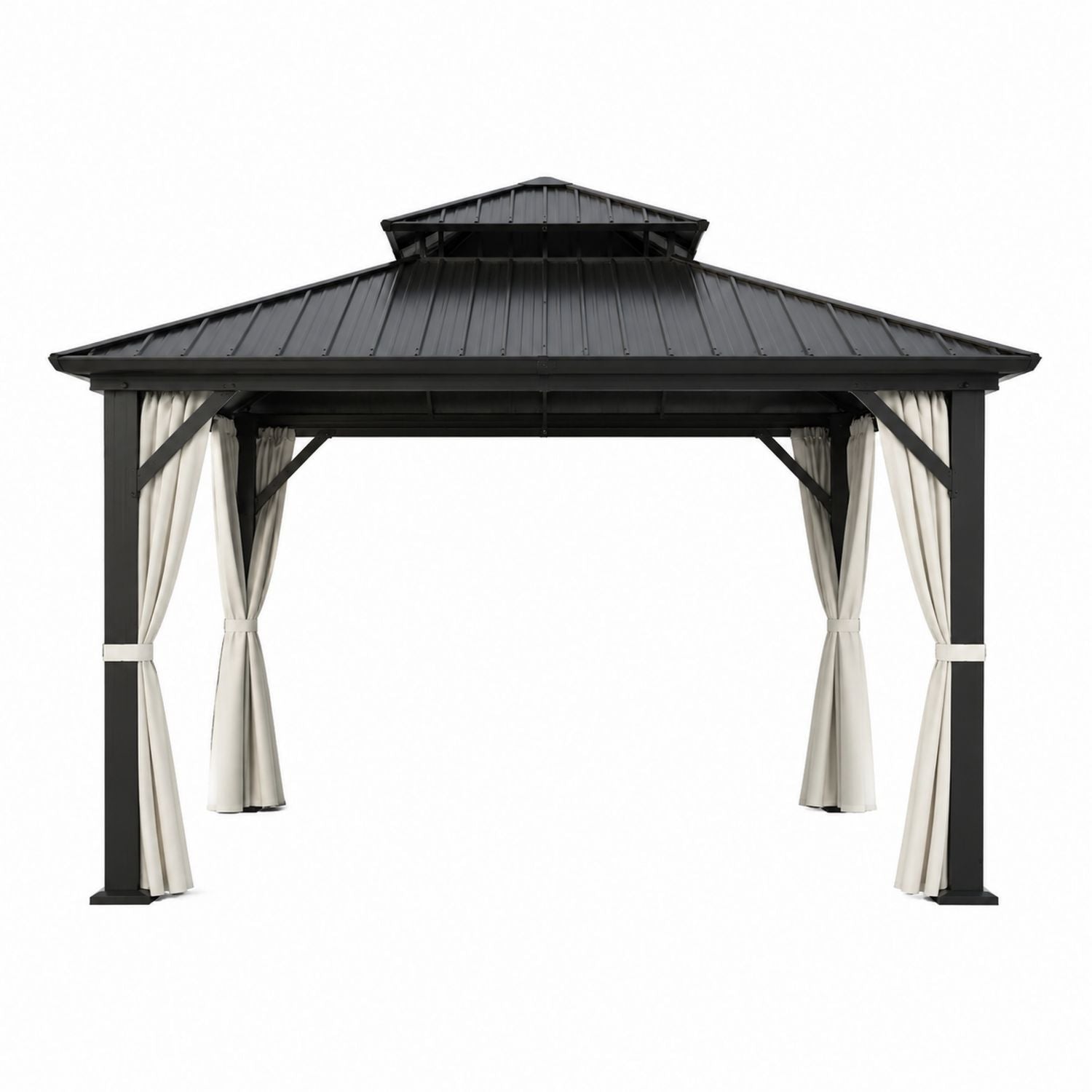 Aluminum Frame Gazebo with Steel Roof and Polyester Curtains 3x3m Black/Beige