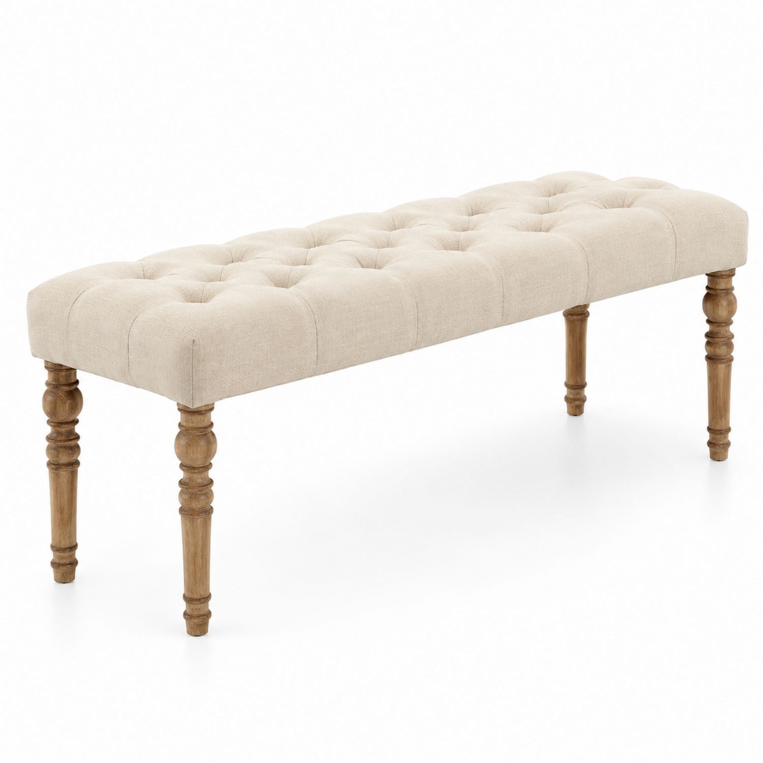 Beige Linen Upholstered Bench with Solid Wood Legs 120cm x 40cm x 45cm